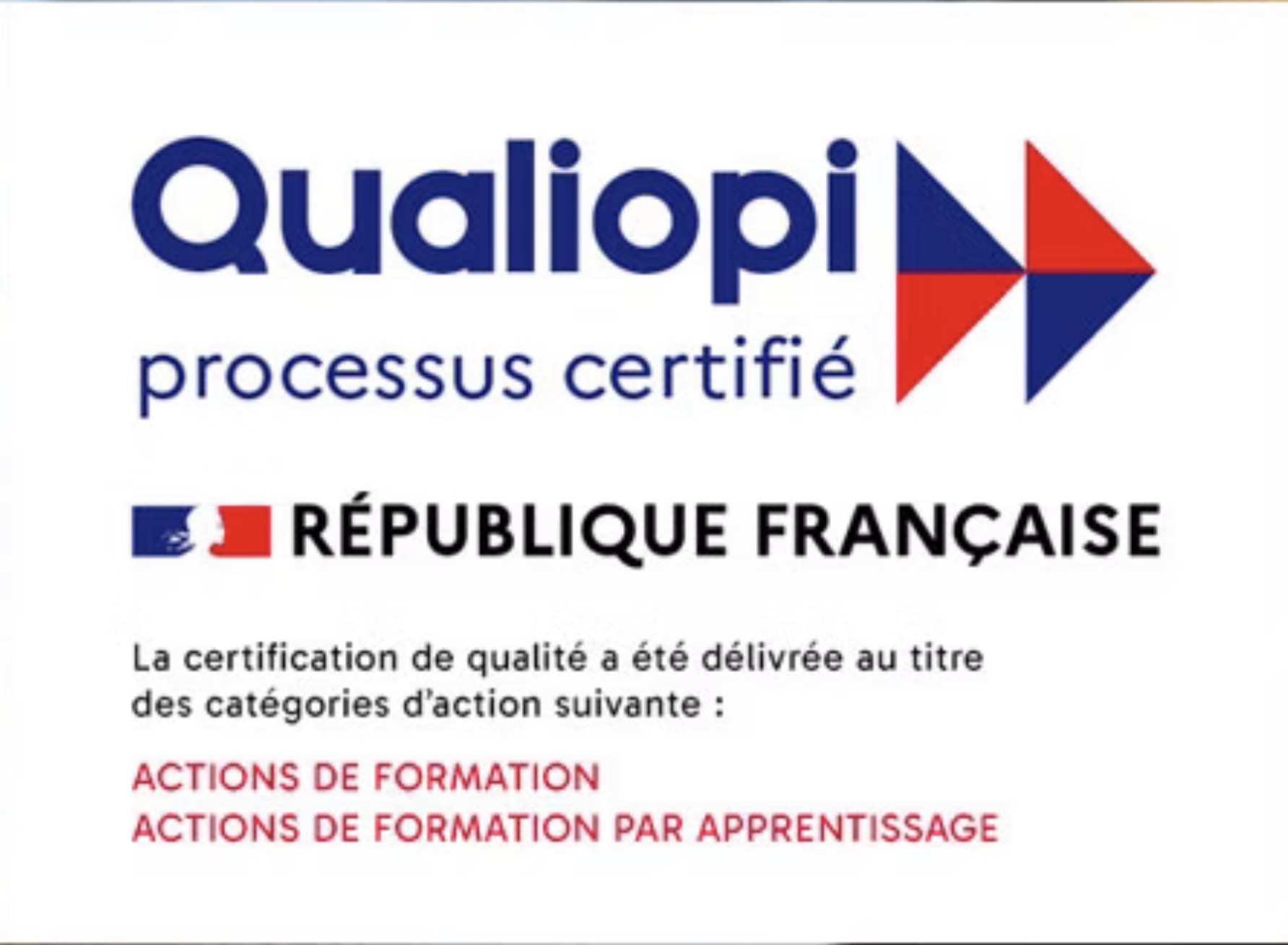 Qualiopi — processus certifié, République française. Catégories : Actions de formation, Actions de formation par apprentissage.